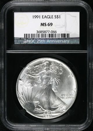1991 Silver Eagle $1 Ngc Ms69 25th Anniversary Slab photo