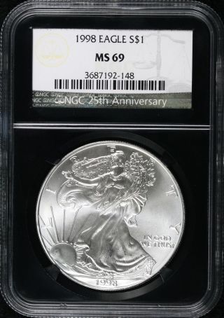 1998 S$1 Ngc Ms69 Silver American Eagle - 25th Anniversary Slab photo
