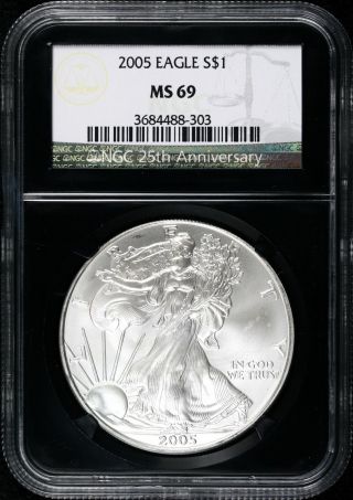 2005 S$1 Ngc Ms69 Silver American Eagle - 25th Anniversary Slab photo