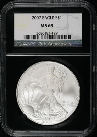 2007 S$1 Ngc Ms69 Silver American Eagle - 25th Anniversary Slab photo