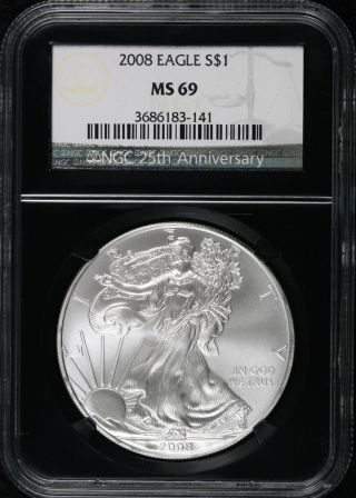 2008 S$1 Ngc Ms69 Silver American Eagle - 25th Anniversary Slab photo