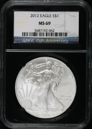 2012 S$1 Ngc Ms69 Silver American Eagle - 25th Anniversary Slab photo