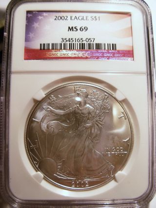 2002 $1 Silver Eagle Ngc Ms69 Silver Eagle Red Flag Label photo