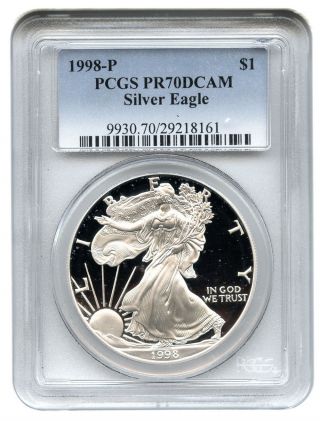 1998 - P Silver Eagle $1 Pcgs Proof 70 Dcam American Eagle Silver Dollar Ase photo