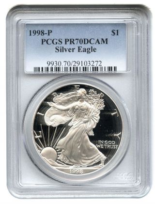 1998 - P Silver Eagle $1 Pcgs Proof 70 Dcam American Eagle Silver Dollar Ase photo
