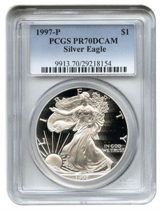 1997 - P Silver Eagle $1 Pcgs Proof 70 Dcam American Eagle Silver Dollar Ase photo