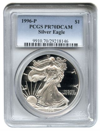 1996 - P Silver Eagle $1 Pcgs Proof 70 Dcam American Eagle Silver Dollar Ase photo