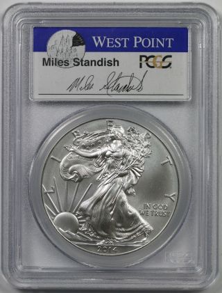 2014 - (w) Silver Eagle $1 Ms 70 Pcgs First Strike West Point Miles Standish Label photo