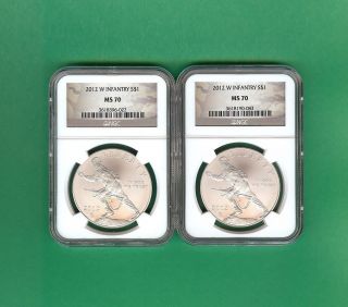 2012 - W Ms70 W Two (2) Ngc Ms70 Infantry Soldier Commemorative Silver $1 photo