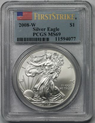 2008 - W Burnished First Strike Silver Eagle Dollar $1 Ms 69 Pcgs 1 Oz Silver photo