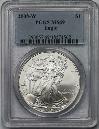 2008 - W Burnished Silver Eagle Dollar $1 Ms 69 Pcgs 1 Oz Silver photo