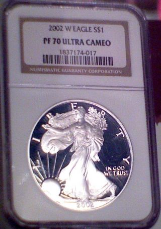 2002 W American Eagle Silver Dollar Ngc Proof 70 Ucam,  Black & White photo