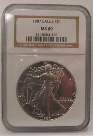 1987 $1 Silver Eagle Ms 69 Ngc 1 Oz.  Fine Silver.  999 Ase Usa photo