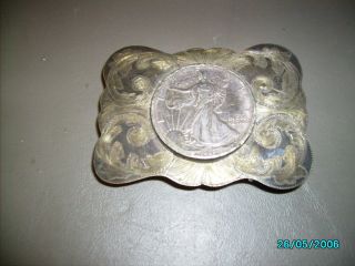 1989 Silver Dollar Belt Buckle Sterling Silver 84g Total Weight photo