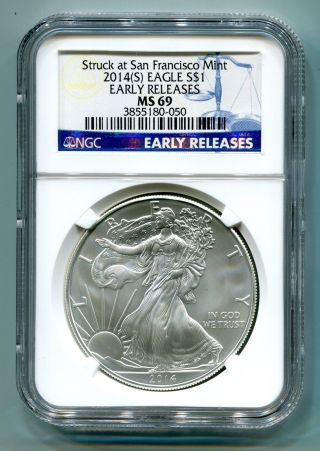 2014 (s) Silver Eagle San Francisco Label Ngc Ms69 Early Release Blue Label photo