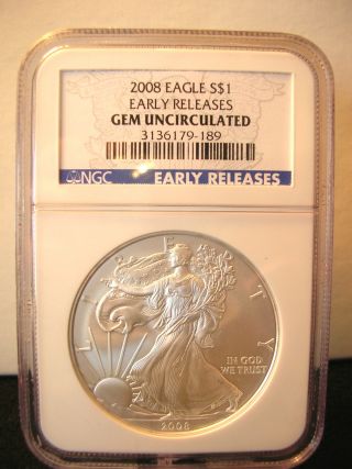 Look 2008 American Eagle Silver Dollar. .  Early Release. . .  Gem Uncirculated. .  Ngc photo
