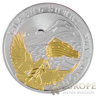 2014 1 Oz Ounce Armenian Arc Noah Silver Coin.  999 Pure Gold Gilded 24k Rare photo