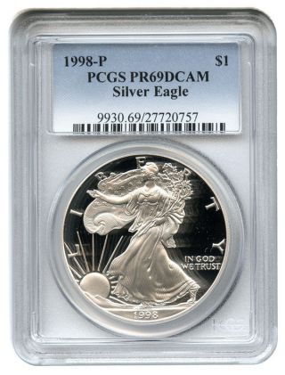 1998 - P Silver Eagle $1 Pcgs Pr69 Dcam American Eagle Silver Dollar Ase photo