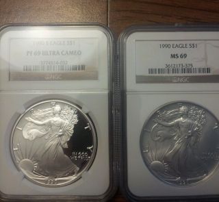 1990 Silver Eagles Pair Ngc 69 Proof And Ms photo