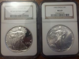 1993 Silver Eagles Pair Ngc 69 Proof And Ms photo