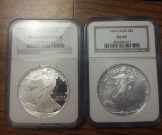 1994 Silver Eagles Pair Ngc 69 Proof And Ms photo