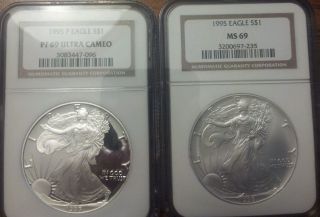 1995 Silver Eagles Pair Ngc 69 Proof And Ms photo