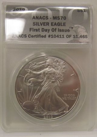 2010 1 Oz.  Silver Eagle Anacs Ms70 First Day Of Issue $1 Usa.  999 Fine Silver photo
