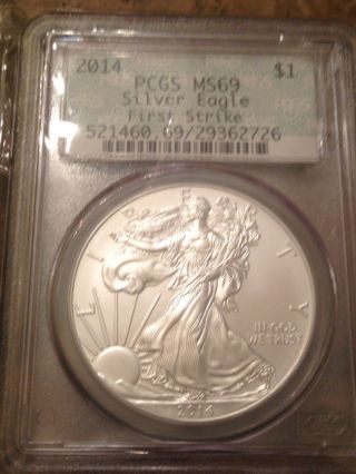 2014 First Strike American Silver Eagle Pcgs Ms69 - Doilie Label photo