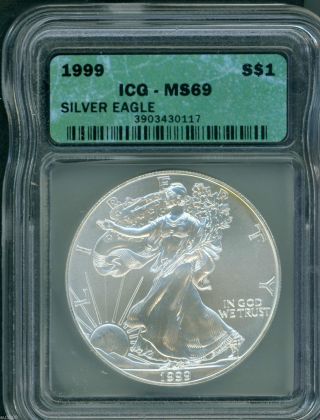 1999 American Silver Eagle Ase S$1 Icg Ms69 Ms - 69 Pq+ photo