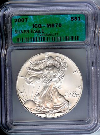 2007 Icg Ms70 Us Silver Eagle,  Graded Perfect Dollar photo