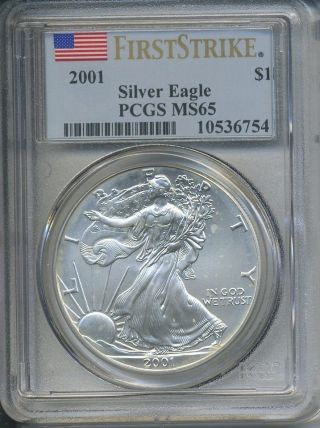 2001 First Strike Pcgs Ms65 American Silver Eagle - Population Is Only 2 photo