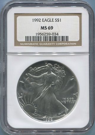1992 American Silver Eagle $1 - Ngc Ms 69 - Gem Uncirculated - photo