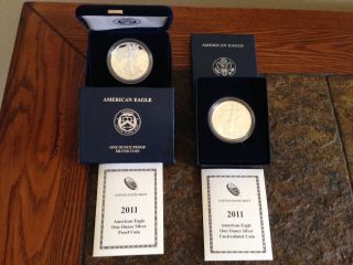2011 - W 1 Oz Proof Silver American Eagle + 2011 Eagle Uncirculated Coin photo