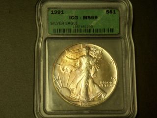 “wow” 1991 $1 Silver Eagle Icg Ms69 Killer Rev.  Toning photo