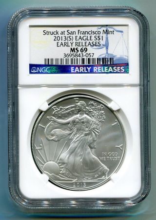 2013 (s) Silver Eagle San Francisco Label Ngc Ms69 Early Release Blue Label photo