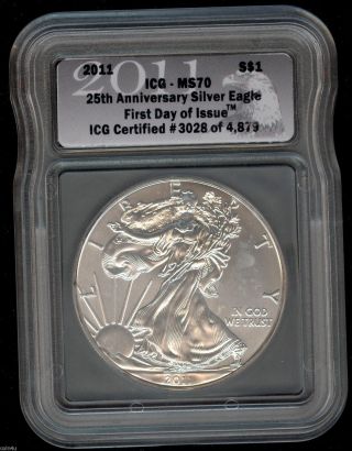 2011 1 Oz American Silver Eagle - 25th Anniversary - First Day Of Issue - Icg Ms70 photo
