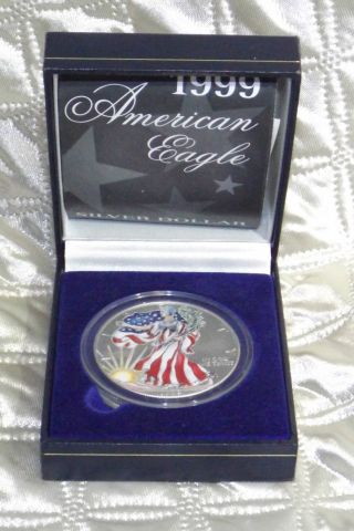 Painted 1999 U.  S.  Silver Eagle Coin - 1oz.  999 Silver W/ Display Box photo