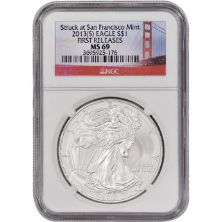 2013 - (s) American Silver Eagle - Ngc Ms69 - First Releases - Golden Gate Label photo