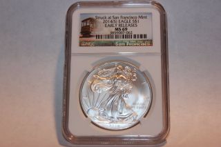 2014 American Silver Eagle Ms 69 San Francisco Early Releases Trolley photo