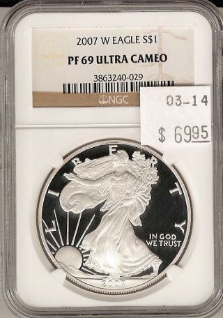 2007 W American Silver Eagle S$1 Pf 69 Ultra Cameo Ngc Certified photo
