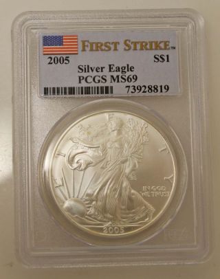 2005 United States First Strike Silver Eagle S$1 Coin - Pcgs Grade Ms69 photo
