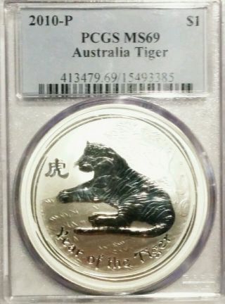 2010 - P Pcgs Ms69 Australia 1oz 99.  9 Pure Silver Tiger Bullion - Pop 440 photo