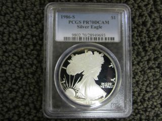 1986 - S Silver Eagle Pcgs Pr70dcam First Year Of Issue Some Toning photo
