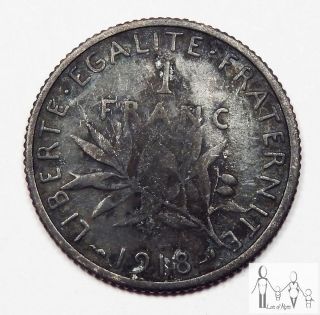 1918 France Good 1 Franc 83.  5% Silver.  1342 Asw A18 photo