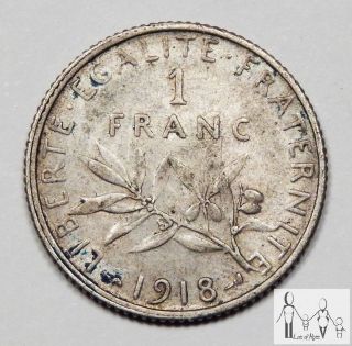 1918 France Fine 1 Franc 83.  5% Silver.  1342 Asw A29 photo