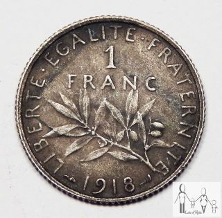 1918 France Very Fine Vf 1 Franc 83.  5% Silver.  1342 Asw A39 photo
