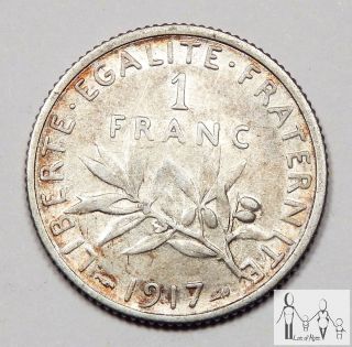 1917 France About Uncirculated Au 1 Franc 83.  5% Silver.  1342 Asw A51 photo