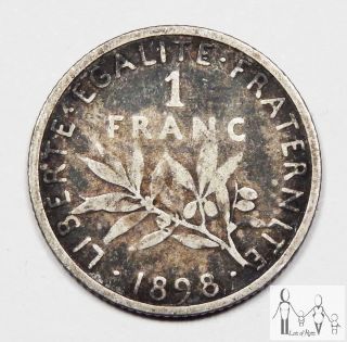 1898 France Very Good Vg Dark 1 Franc 83.  5% Silver.  1342 Asw A57 photo