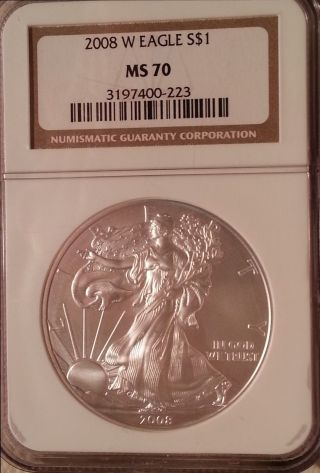 2008 - W (burnished) Silver American Eagle Ms - 70 Ngc photo
