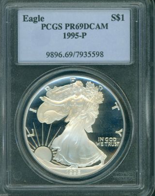 1995 - P American Silver Eagle Ase S$1 Pcgs Pf69 Pr69 Proof Cameo photo